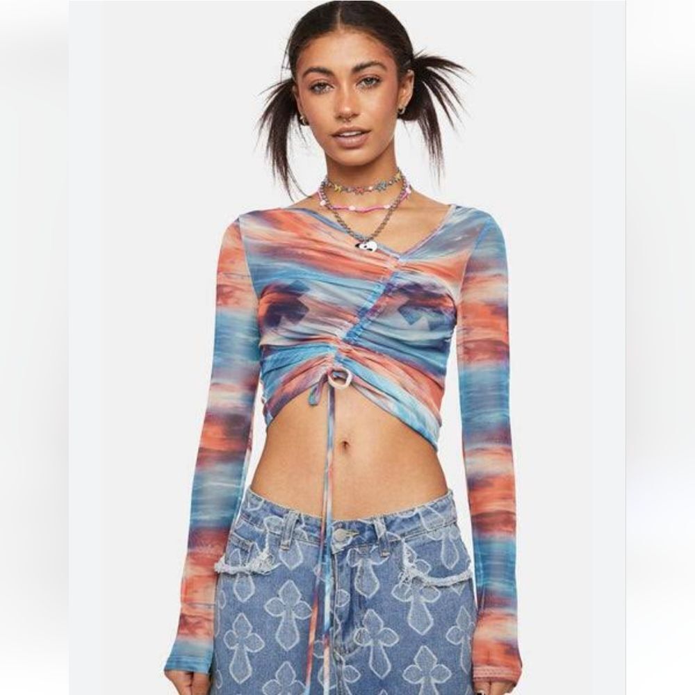 Pretty Garbage Asymmetrical Mesh Long Sleeve Drawstring Crop Top Small Y2K